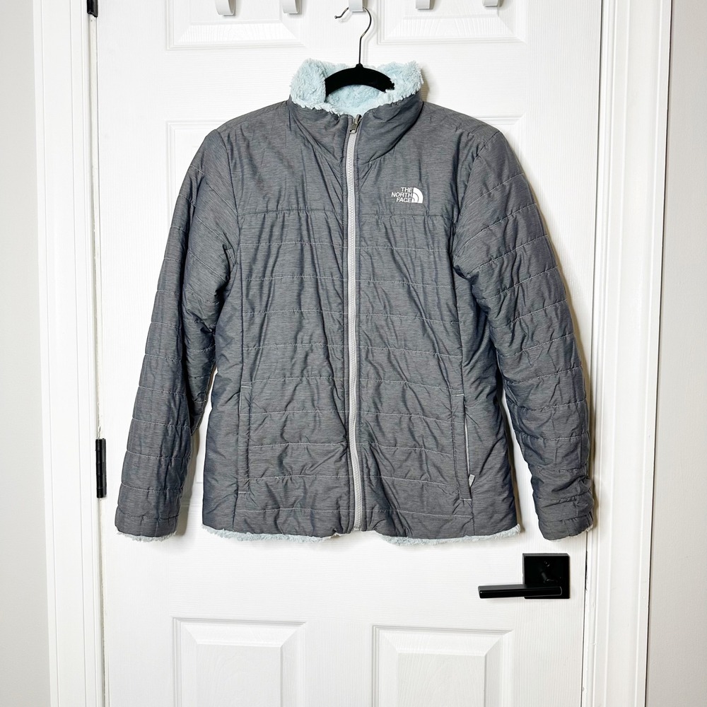 The North Face Reversible Jacket Girls XL 18 Grey Blue Excellent Fleece Puffer